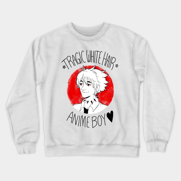 Tragic White Hair Anime Boy - Black Font Crewneck Sweatshirt by riadoodles